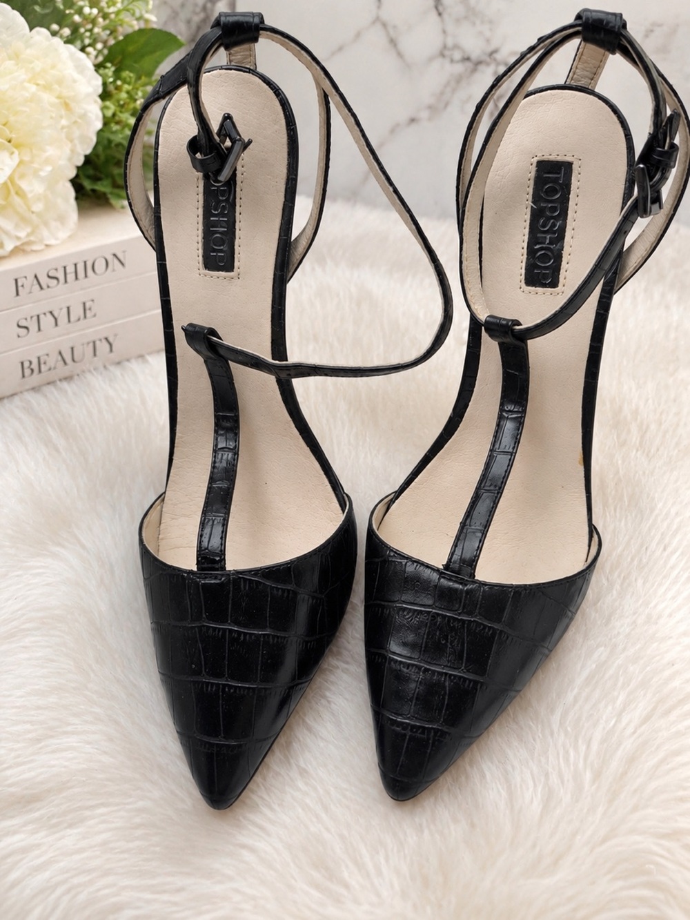 Topshop Black Croc-Embossed Pointed T-Strap Heels